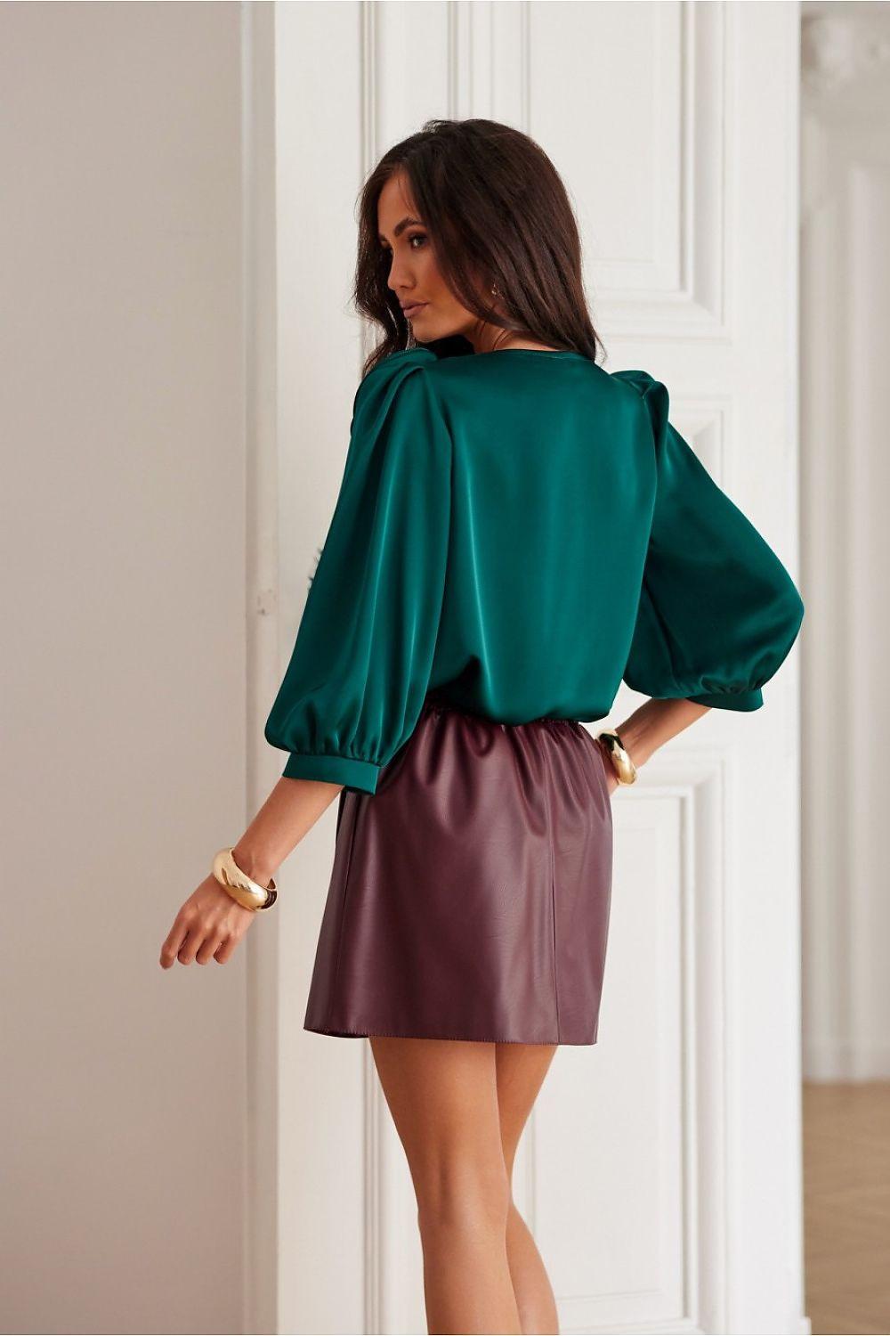 Green satin blouse with puff sleeves, pleated back and gathered shoulders
