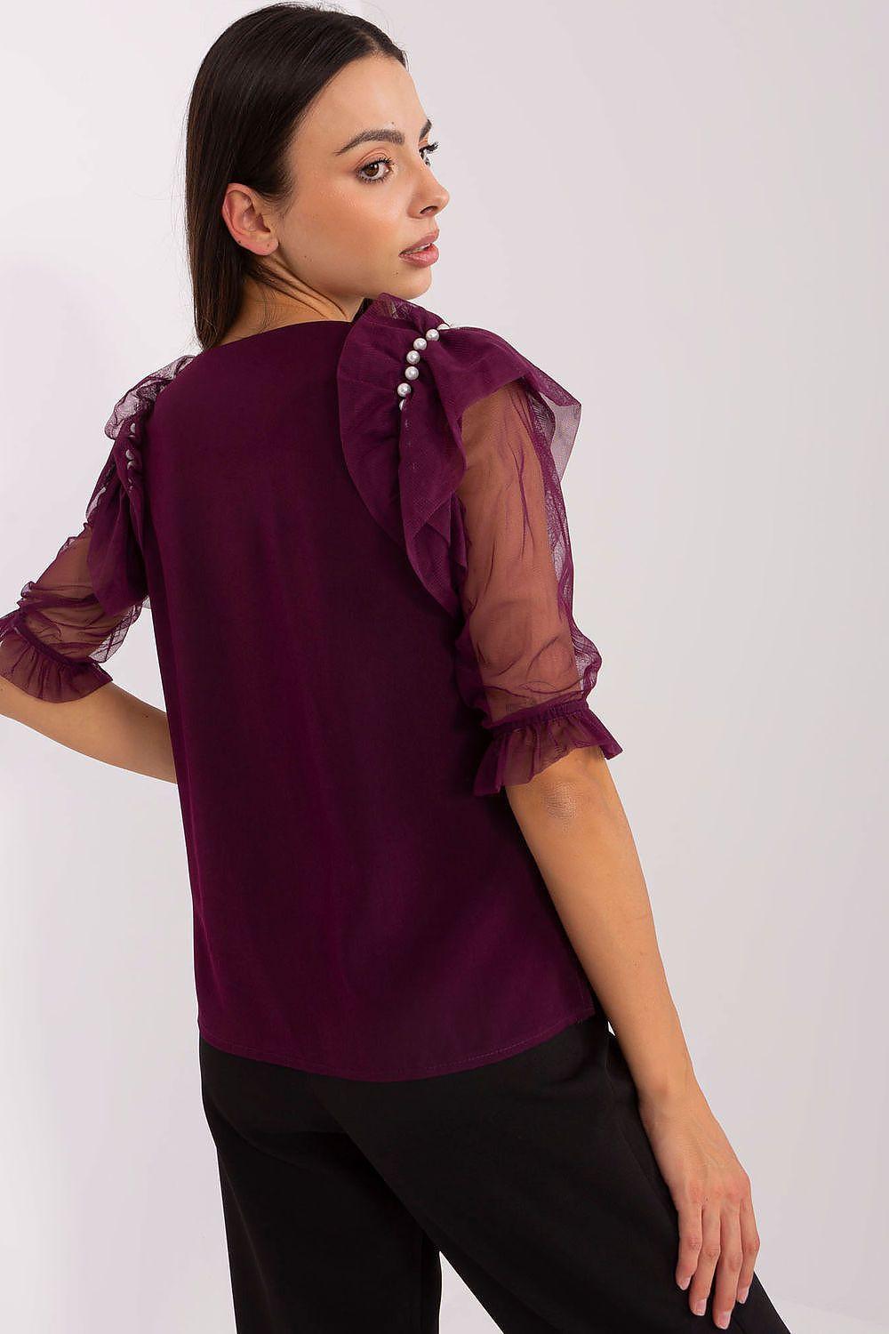 Violet blouse with sheer mesh puff sleeves and pearl beaded shoulder detail