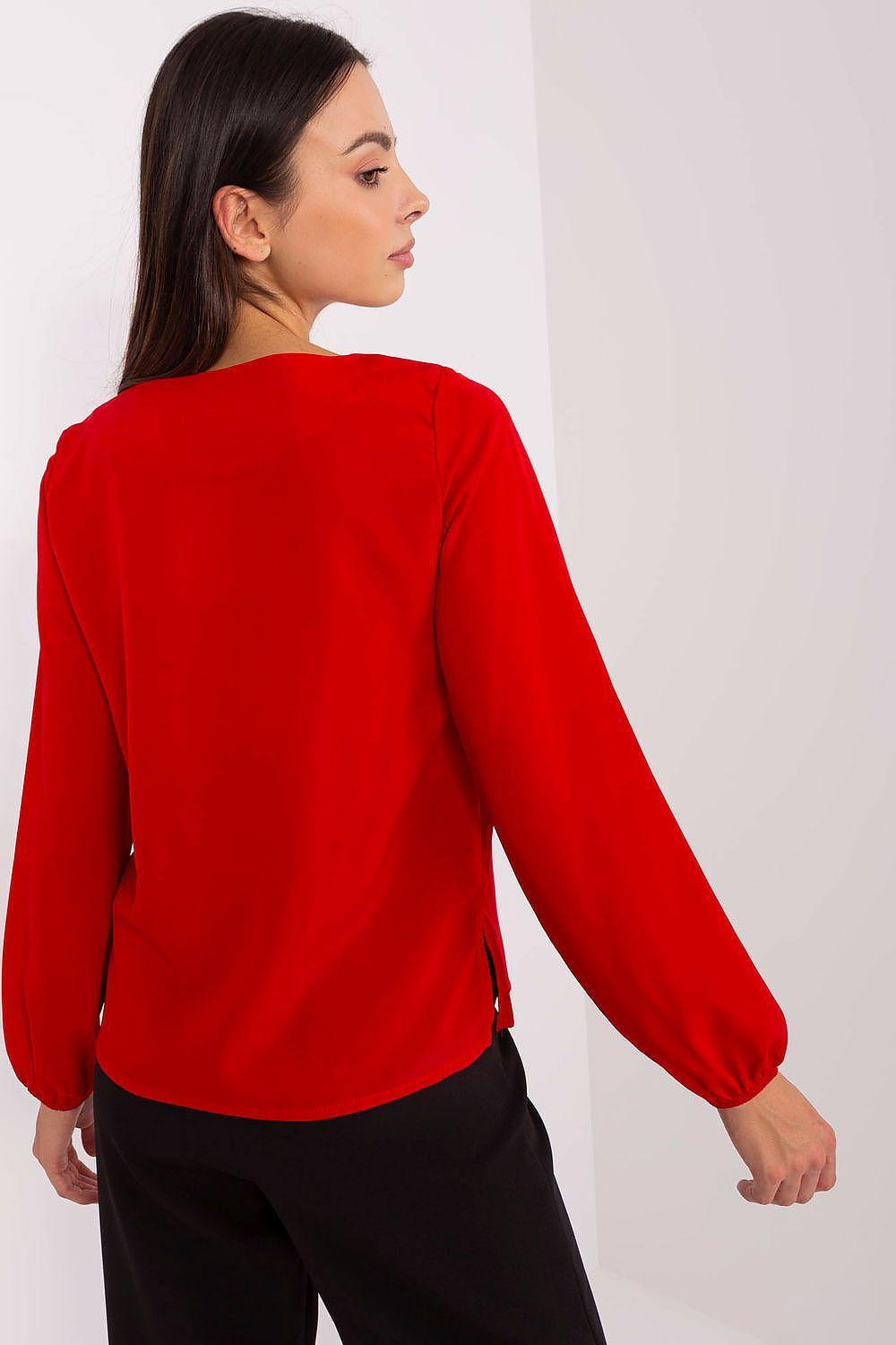 Red blouse back view with long sleeves and gathered cuffs