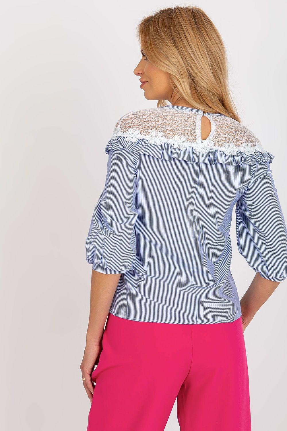 Lakerta blue striped blouse with back keyhole cutout and ruffled shoulder yoke
