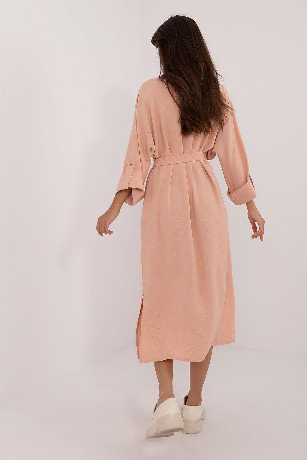 Blush pink daydress with tie waist, long sleeves, midi length, back