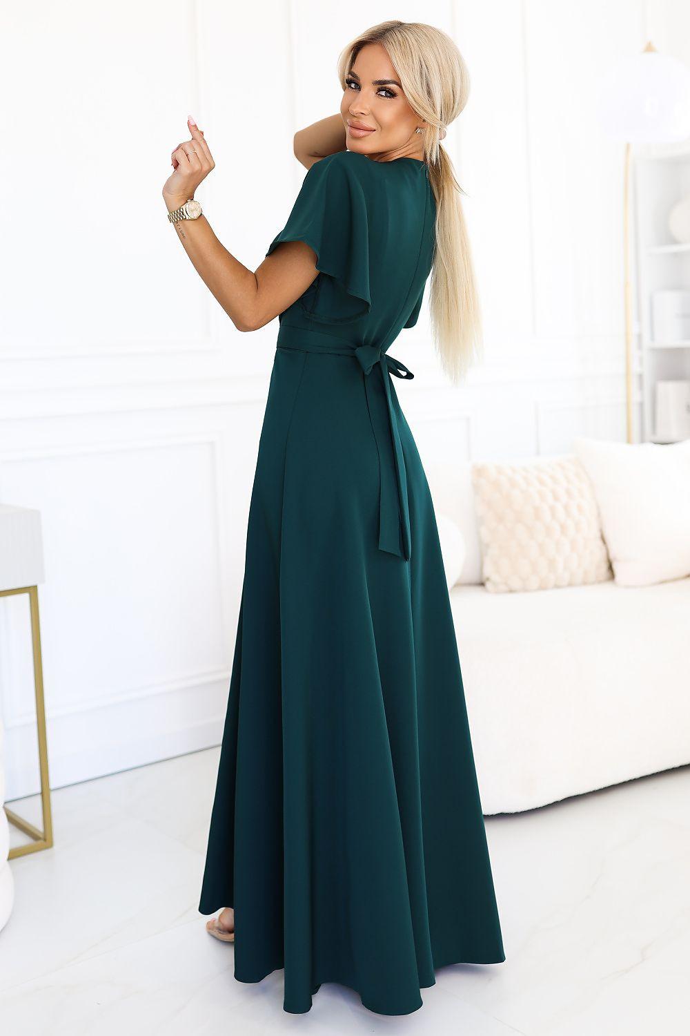 Teal long wrap dress with short sleeves, V-neck, and waist tie