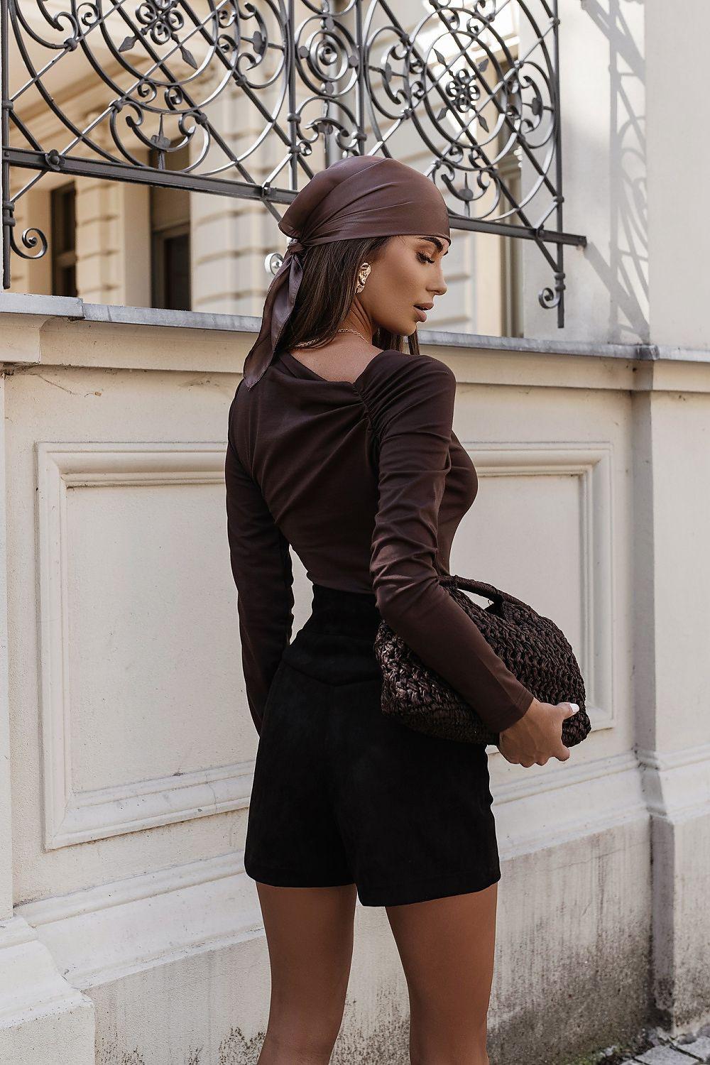 Women's shorts, high-rise, button placket, dark color