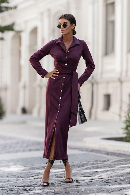 Burgundy button-front daydress with long sleeves, tailored waist, and front buttons