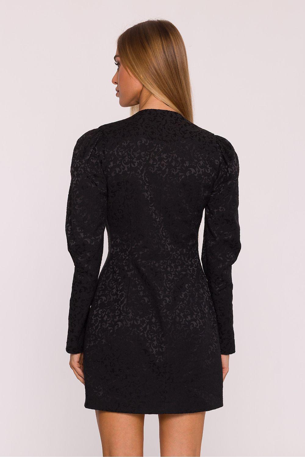 Black cocktail dress back view with long sleeves and straight above-knee cut