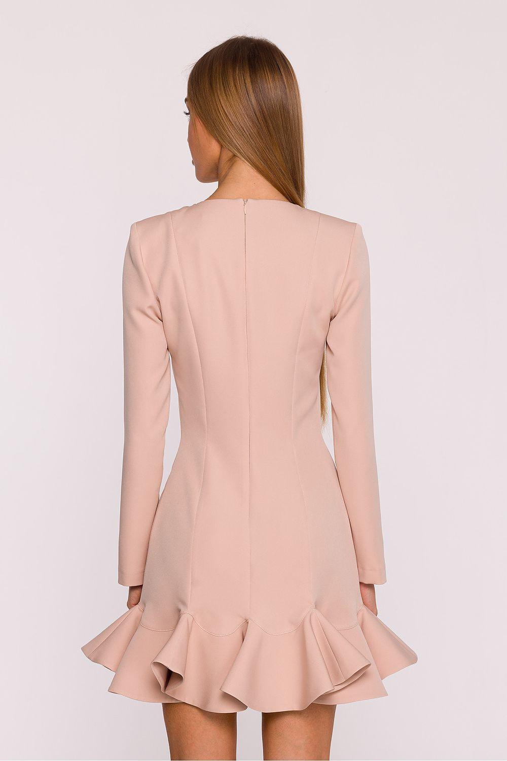 Light beige cocktail dress back view with long sleeves and layered ruffle hem