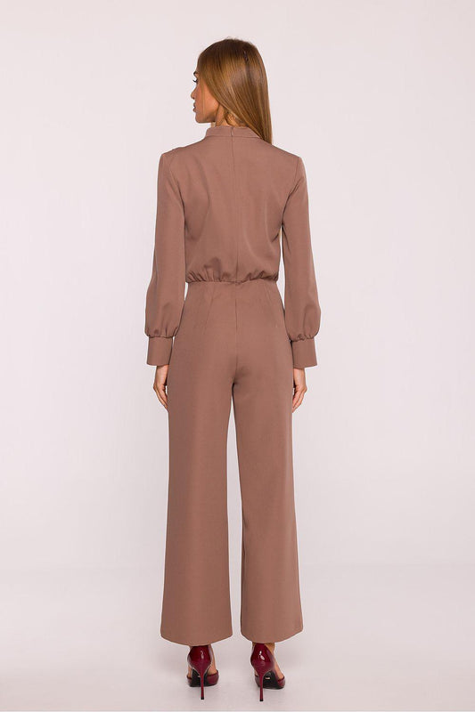Brown wide-leg jumpsuit back view with high neck and long sleeves, gathered waist