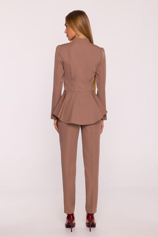 Women's peplum suit: taupe blazer and straight-leg trousers, back view