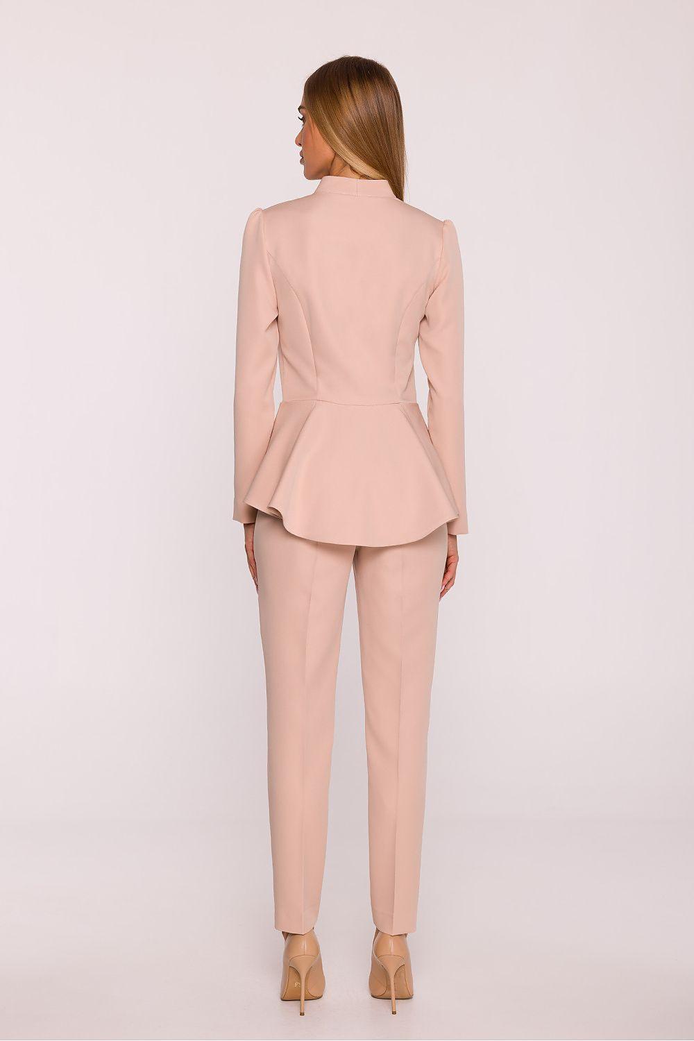 Light beige peplum blazer suit with back peplum hem and slim trousers