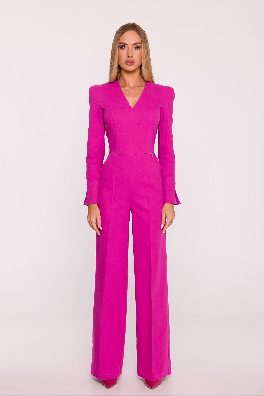 Pink V-neck long-sleeve jumpsuit with wide legs and fitted waist