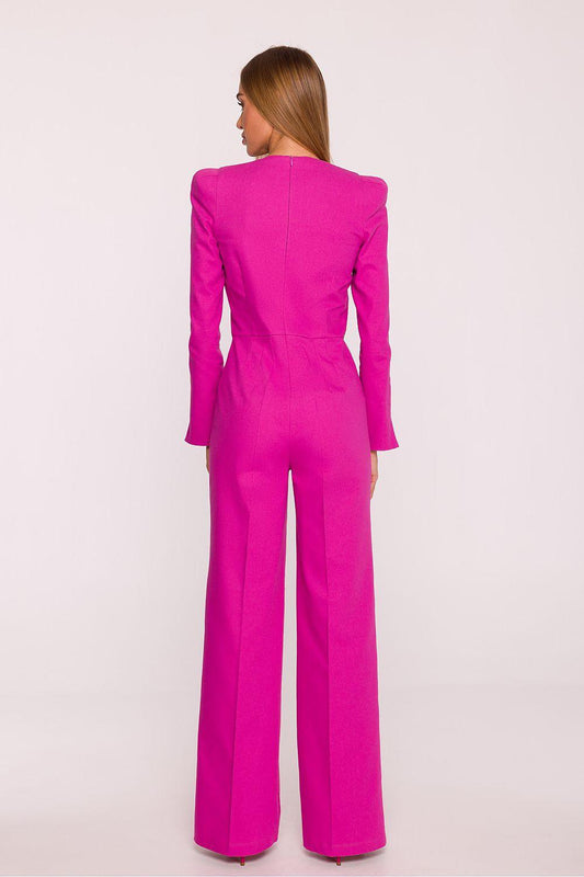 Women's pink long-sleeve pantsuit shown from the back with wide-leg trousers.