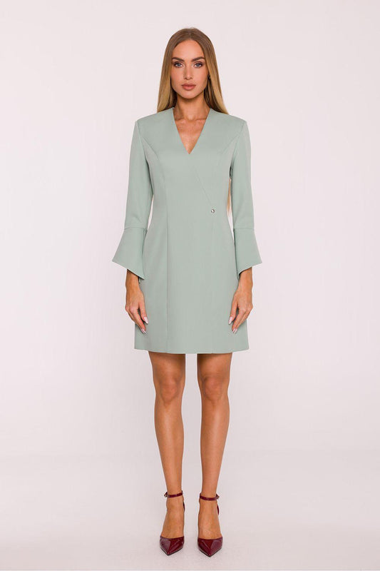 Seafoam green V-neck day dress with button detail and flared bell sleeves