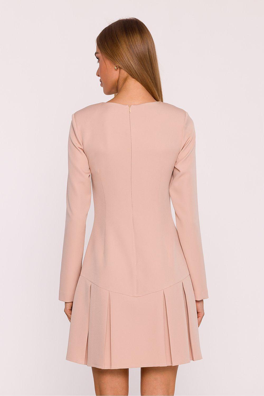 Moe long-sleeve daydress, crew neck, light beige, back view, pleated skirt