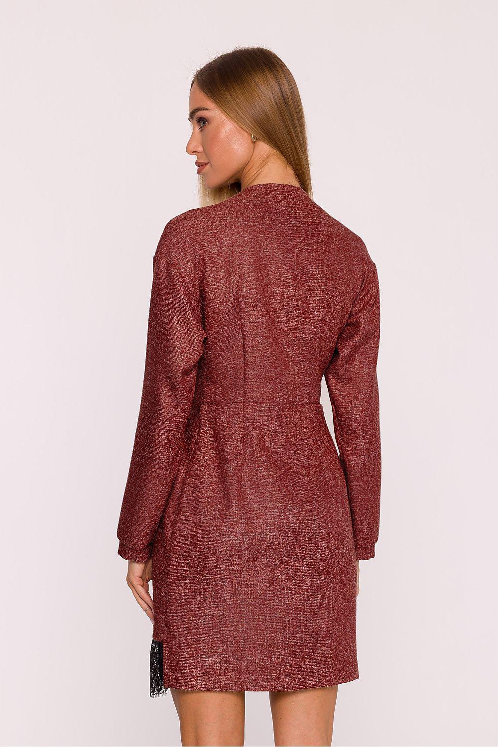 Moe day dress maroon long sleeves; black lace-trim hem, above-knee, back view