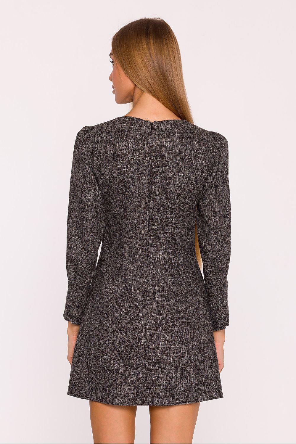 Dark grey long-sleeve daydress, back view with V-neck opening, above-knee length