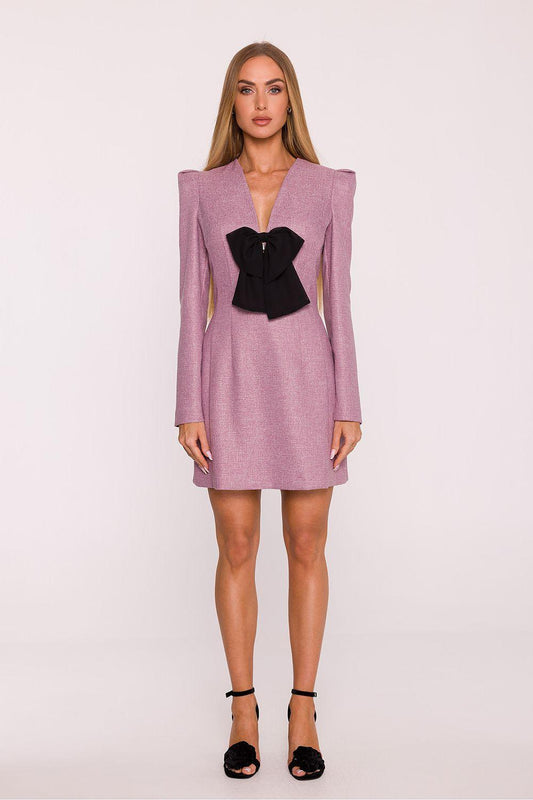 Pink long-sleeve daydress with V-neck and black bow at bust