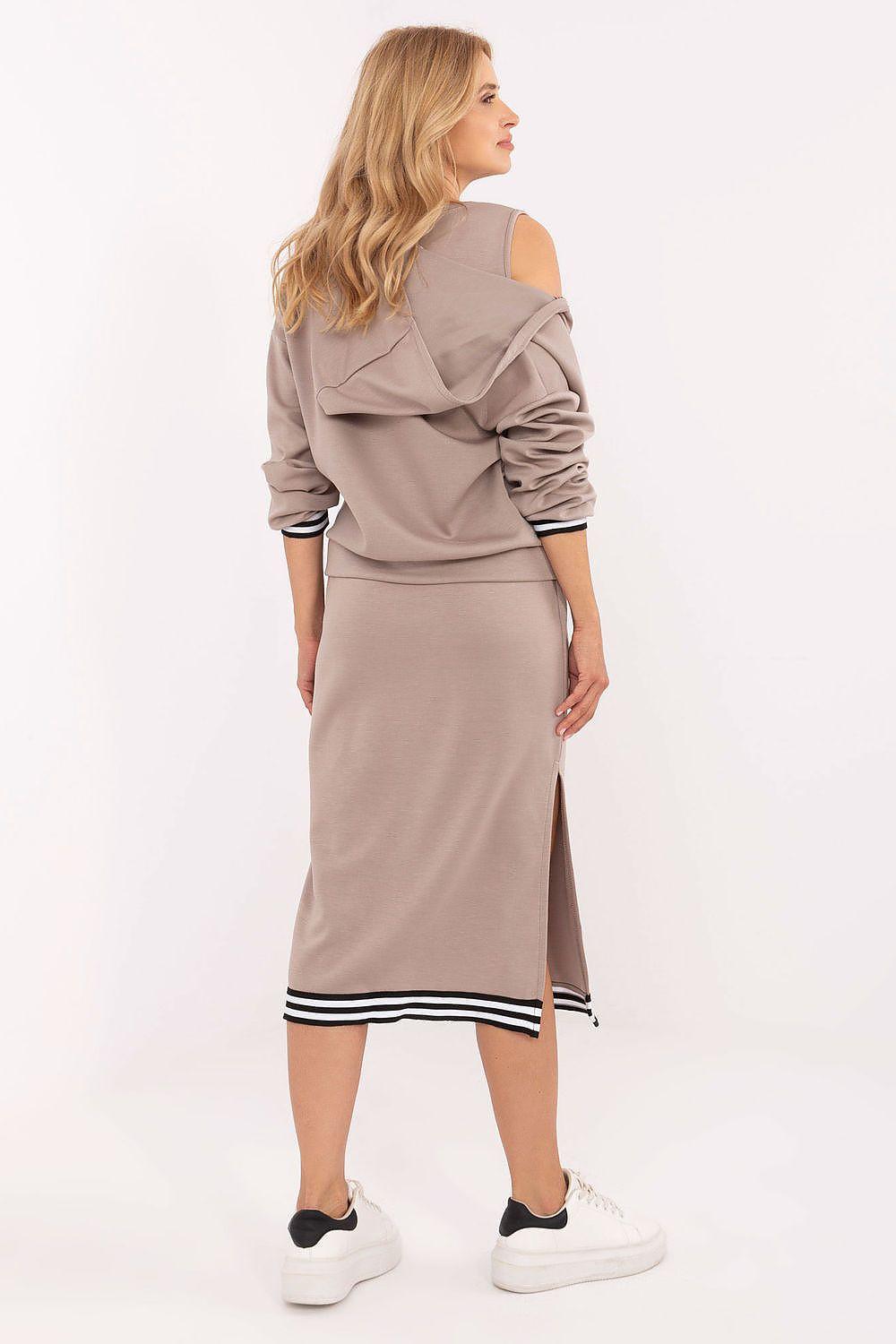 Beige hoodie and midi pencil skirt set with side slit and striped hem