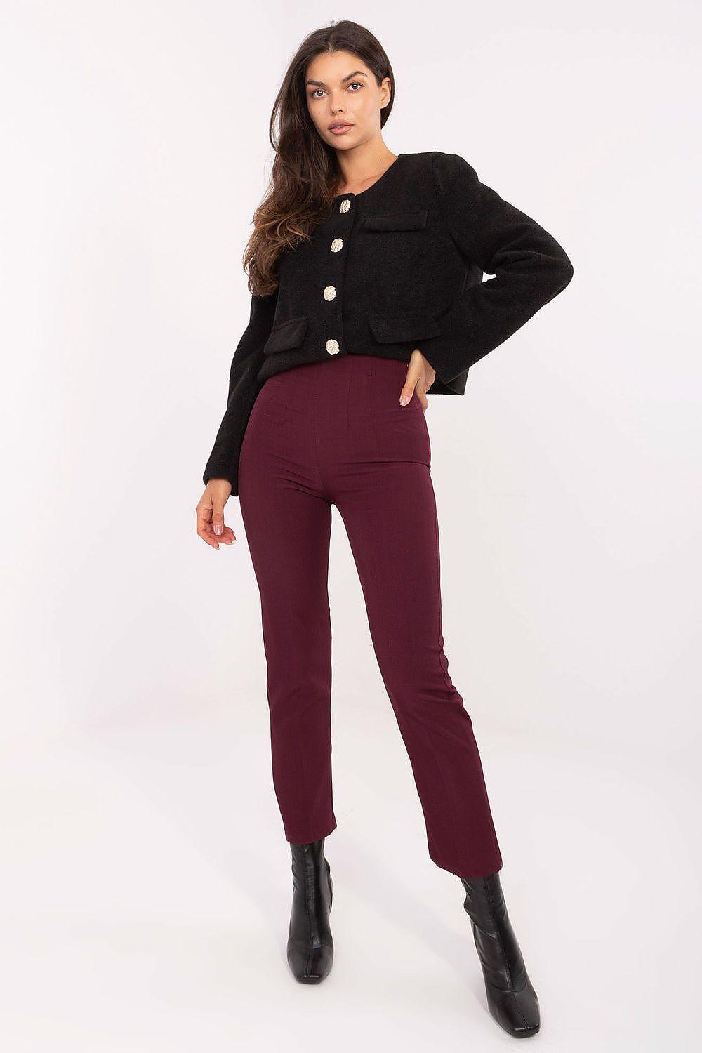 Rue Paris high-waist cigarette trousers, dark maroon slim fit, button fly.