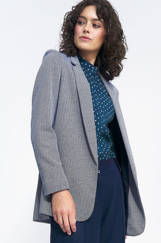 Gray patterned blazer with open front and notched lapels, three-quarter sleeve