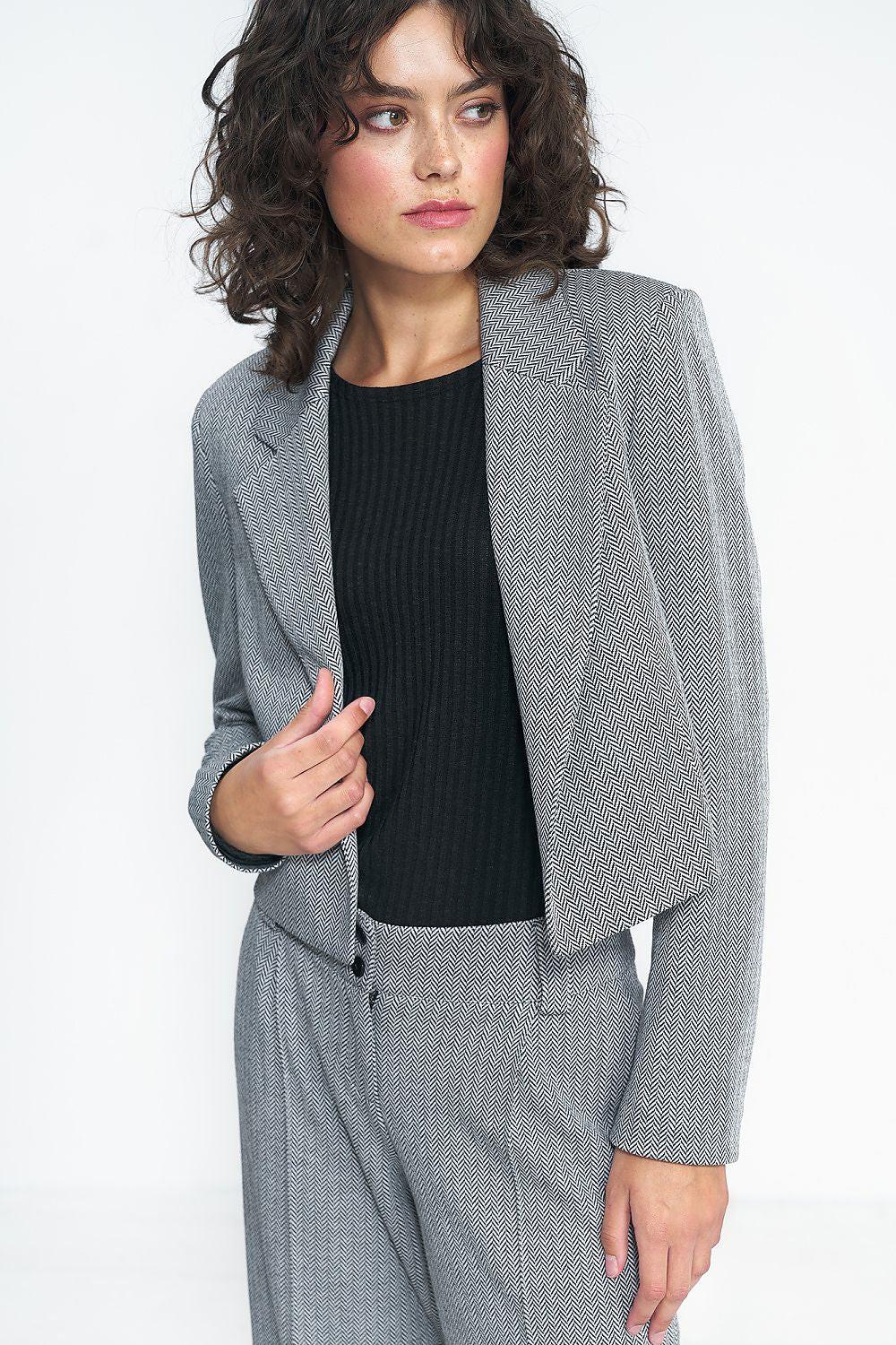 Gray textured short blazer jacket with notched lapel, open front, long sleeves