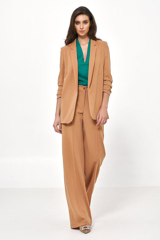Women’s blazer jacket in tan with notched lapels and gathered sleeve cuffs