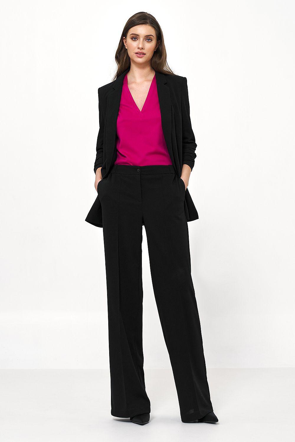 Women's blazer jacket in black with notched lapels and gathered sleeve cuffs, open front