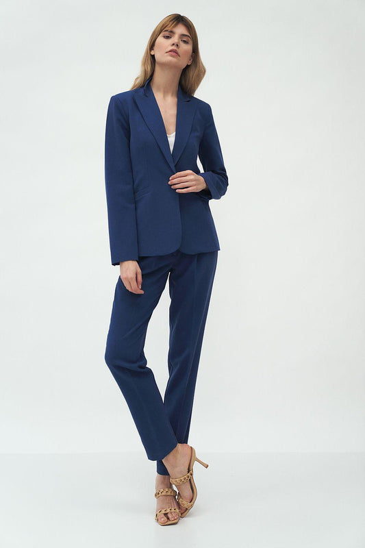 Blue fitted blazer with notch lapels and matching trousers, long sleeves
