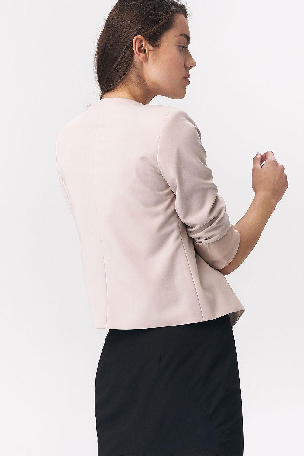 Beige short blazer jacket, back view, long sleeves and open silhouette