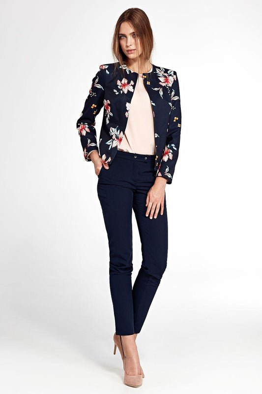 Floral short jacket in dark navy with multicolor floral print, front view.