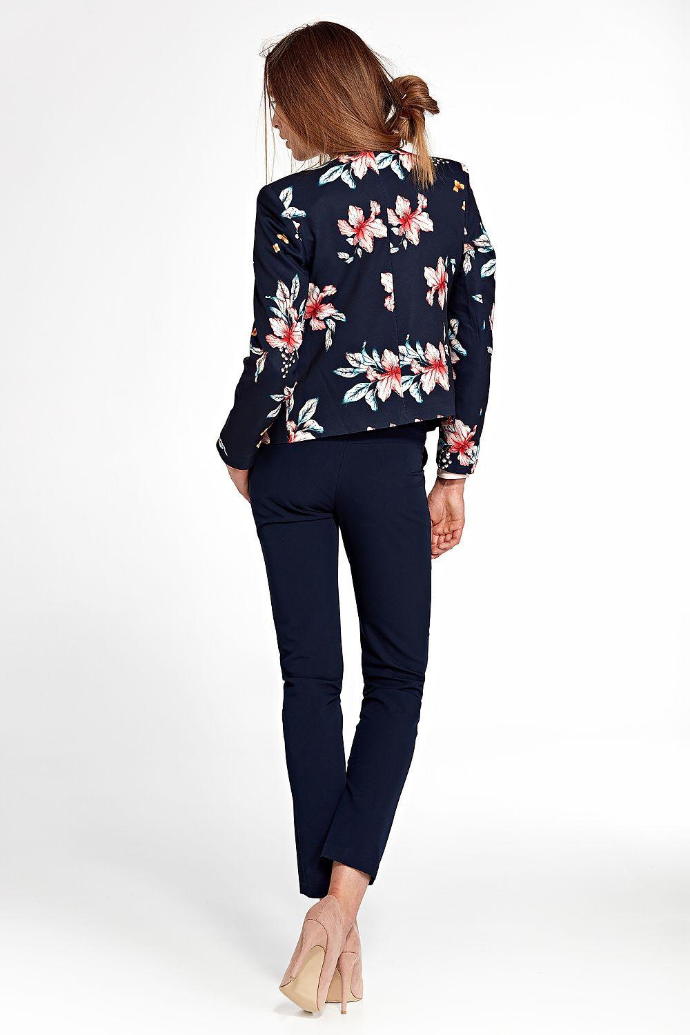 Floral short jacket in dark navy with multicolor flower print, back and side view, 3/4 sleeves.