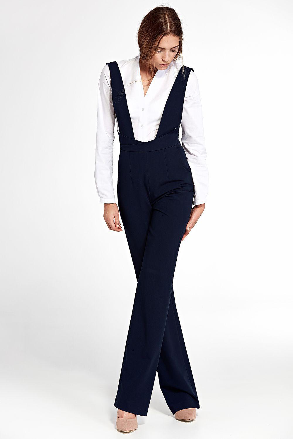 Nife navy blue sleeveless V-neck jumpsuit with wide-leg flared trousers and front fit