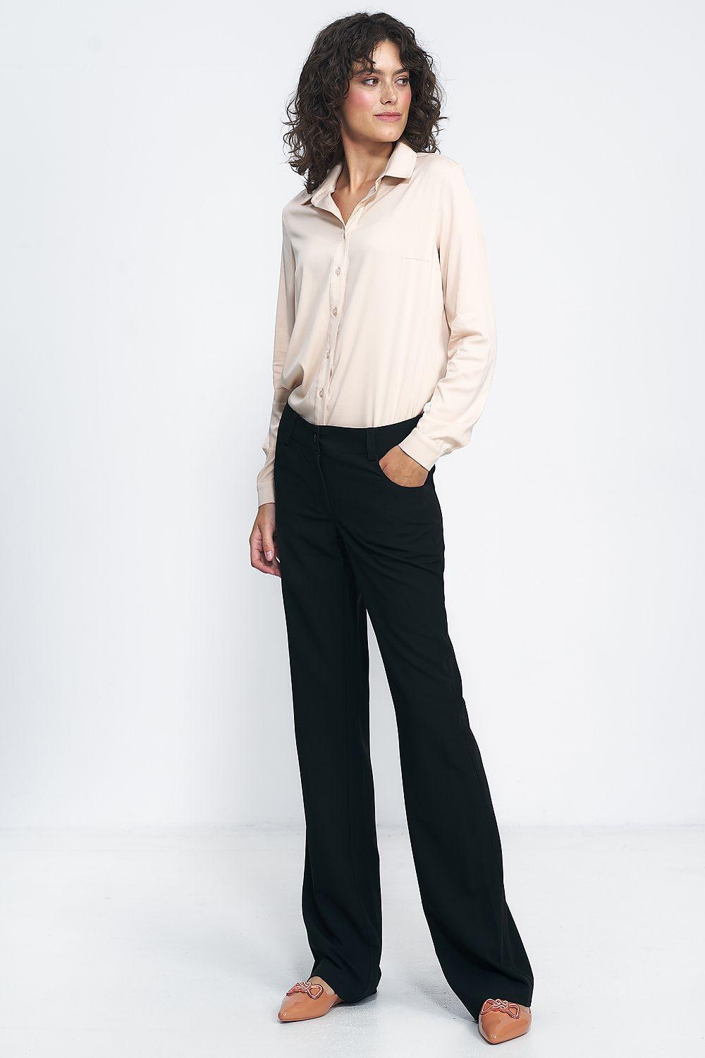 Black wide-leg trousers with long straight legs and belt loops