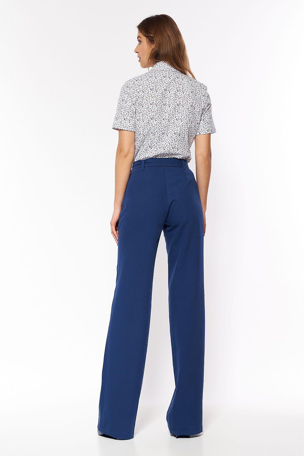 Blue trousers shown from back with belt loops and straight wide legs