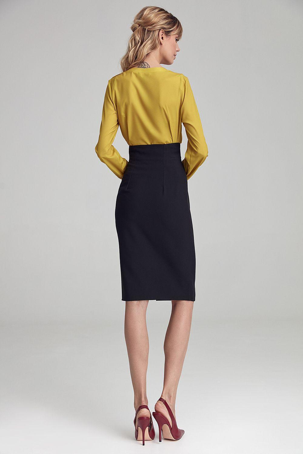 Black pencil skirt, midi length, fitted waist and back seam