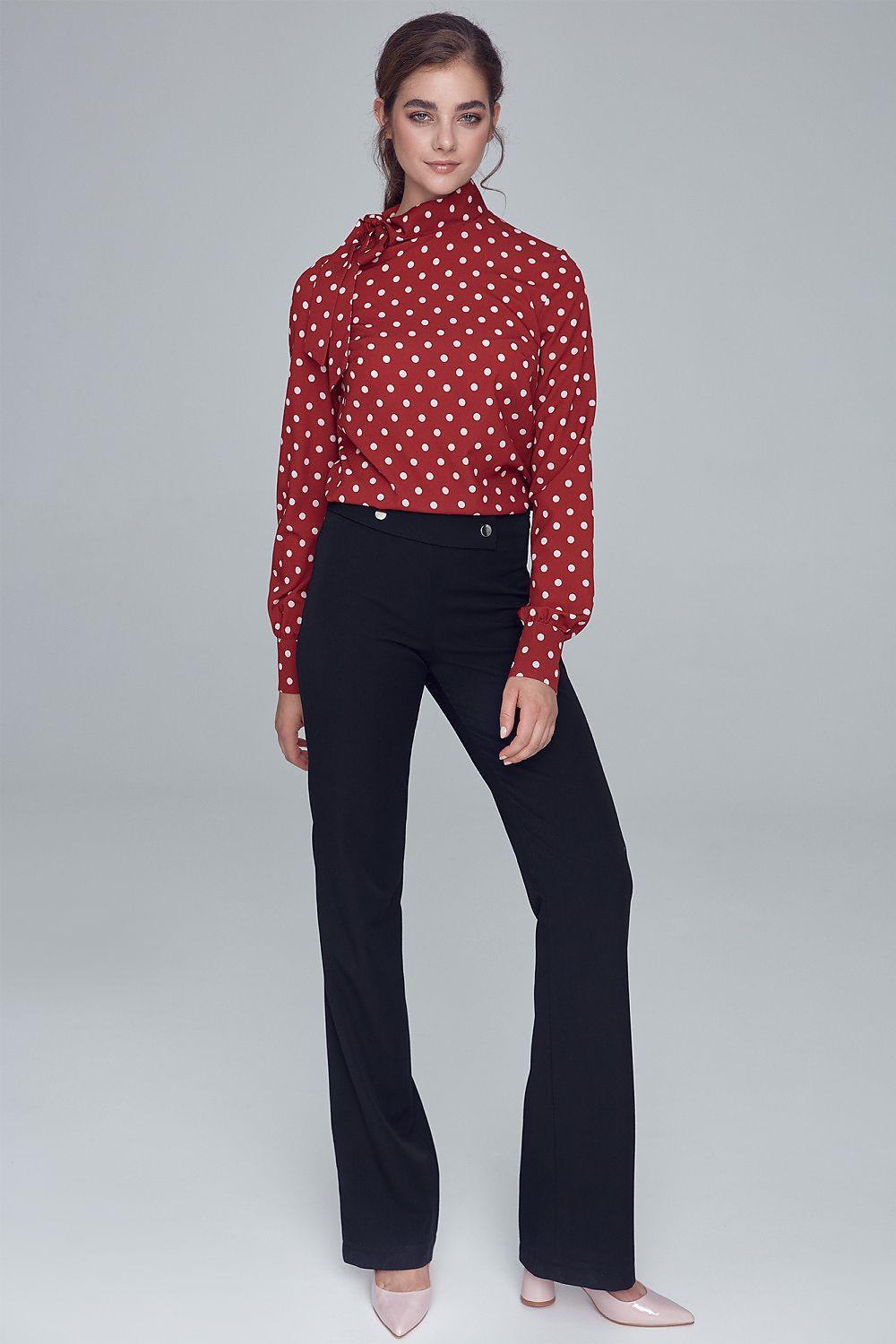 Women's black high-waist trousers with button closure and belt loops, straight legs.