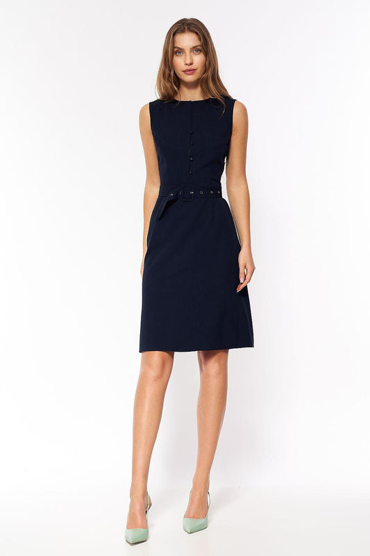 Navy blue sleeveless day dress, high neck, button front and skirt flare