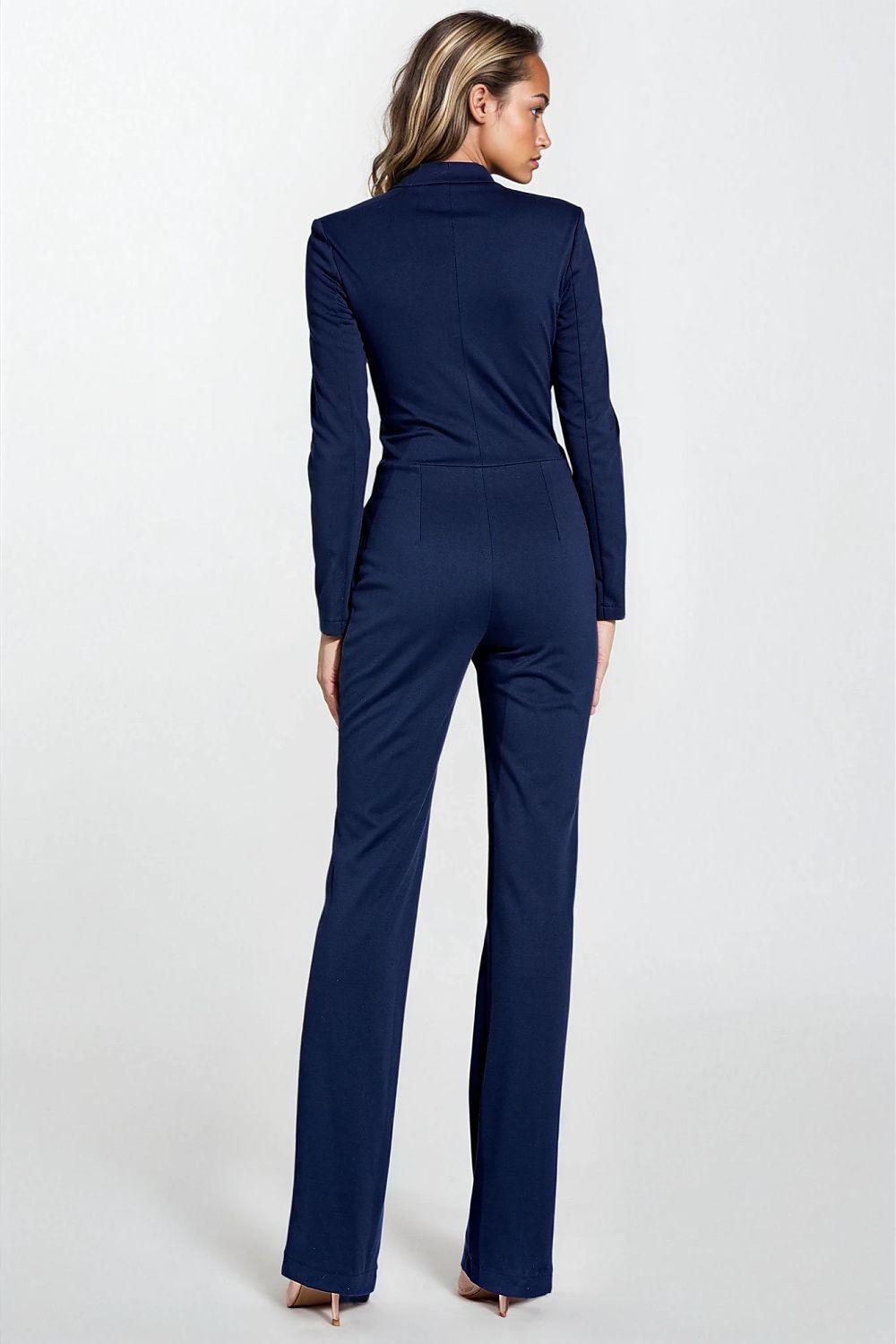 Nife navy blue tailored suit, long sleeves, back view with straight-leg trousers