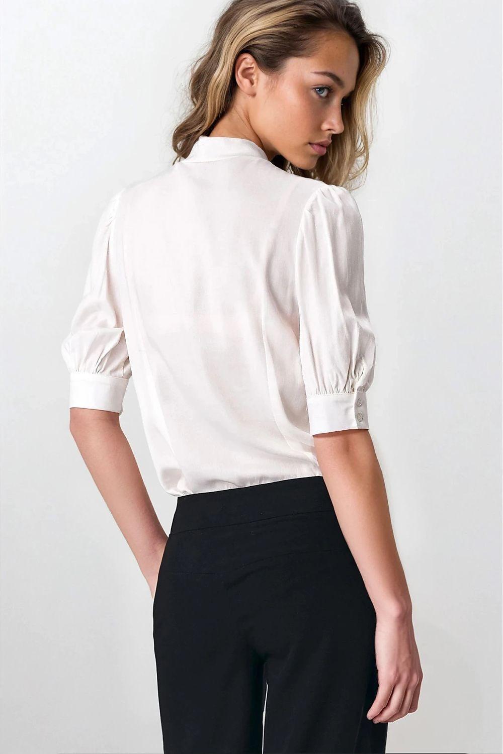 Nife viscose blouse in beige with gathered short sleeves, back view