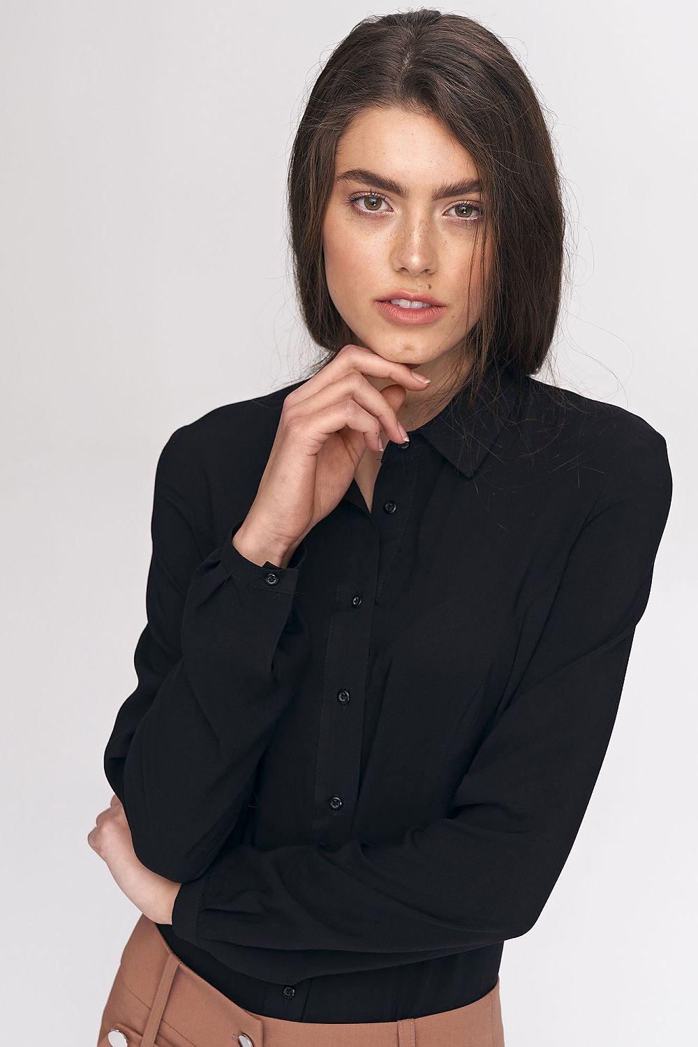 Black long-sleeve button-front bodysuit with pointed collar