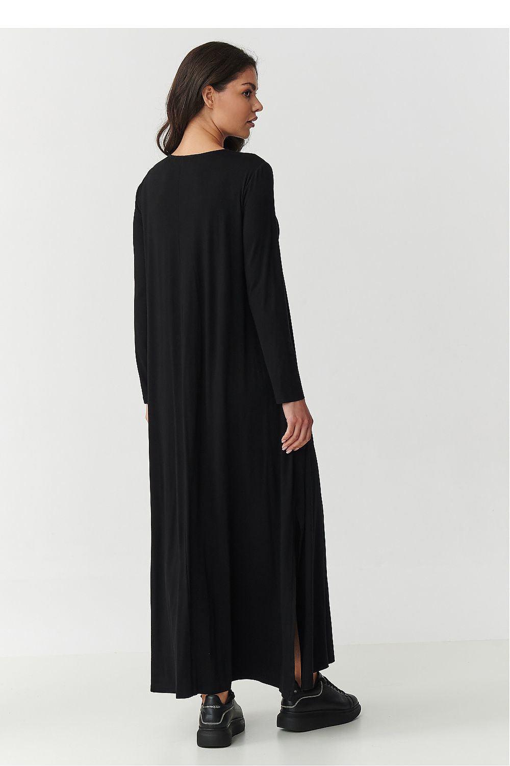 Black Makadamia daydress, long sleeves and floor-length back view