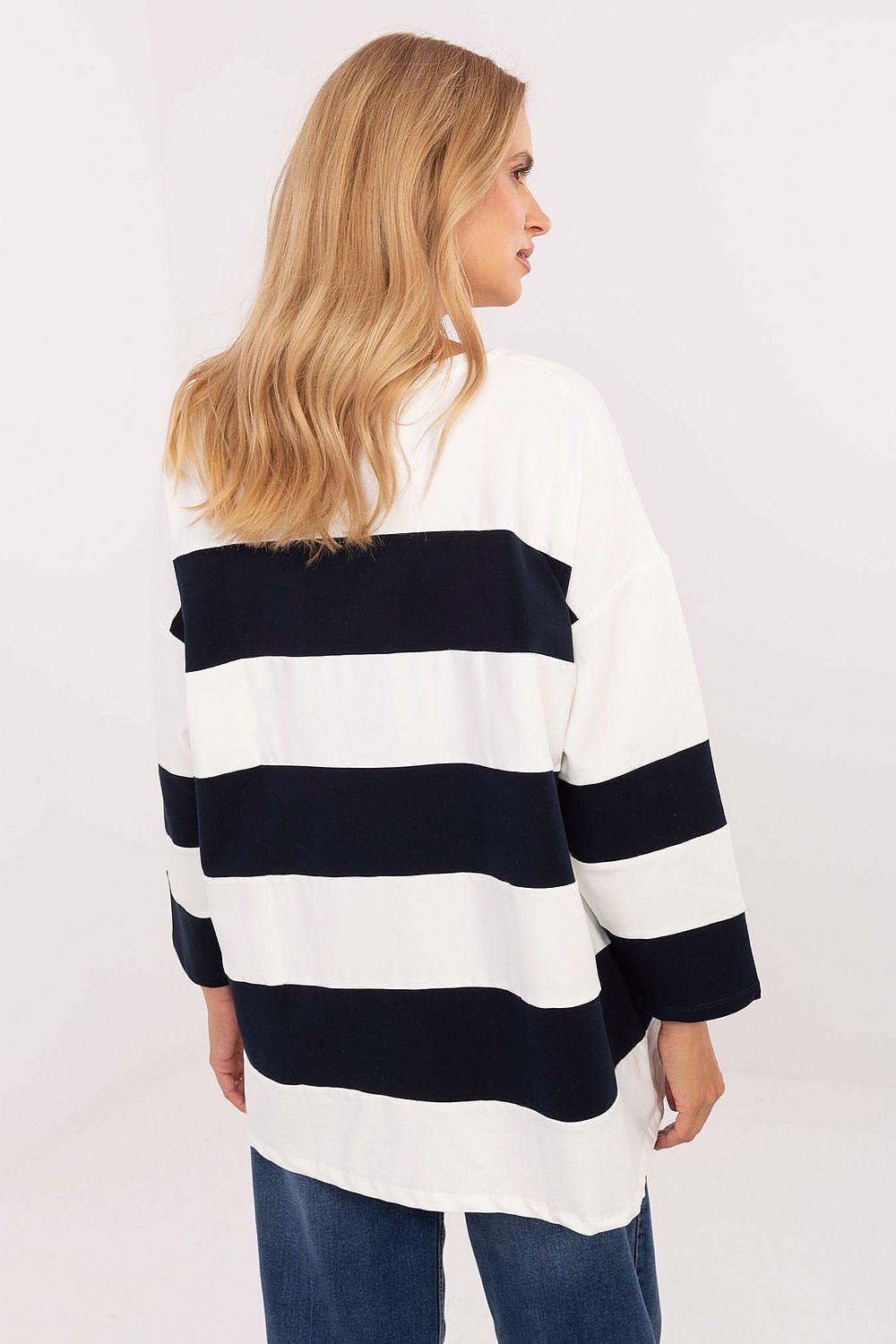 Navy-and-white striped sweatshirt with long sleeves and crew neck, back view.