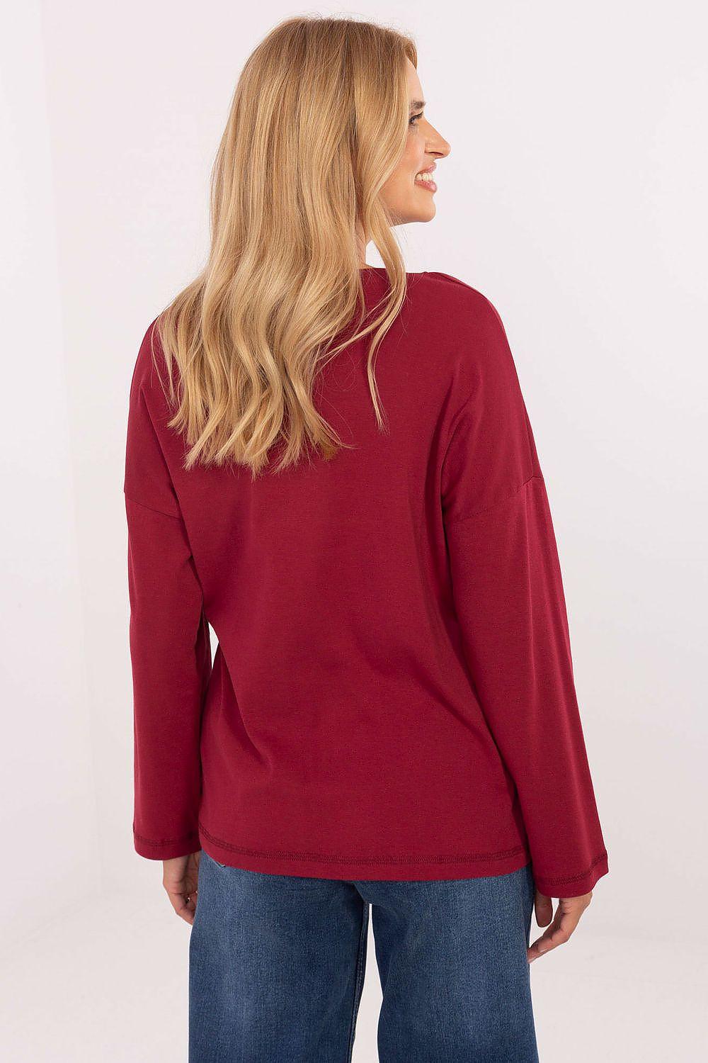 Burgundy long-sleeve blouse, back view with V-neckline