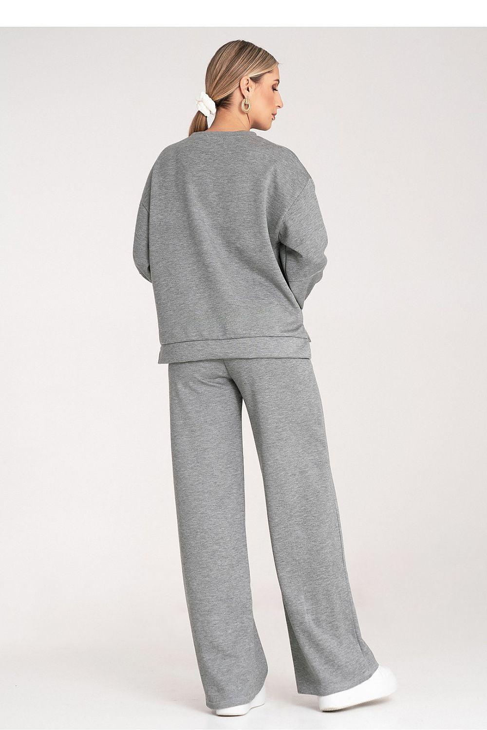 Grey two-piece loungewear set from the back with long sleeves and wide-leg pants