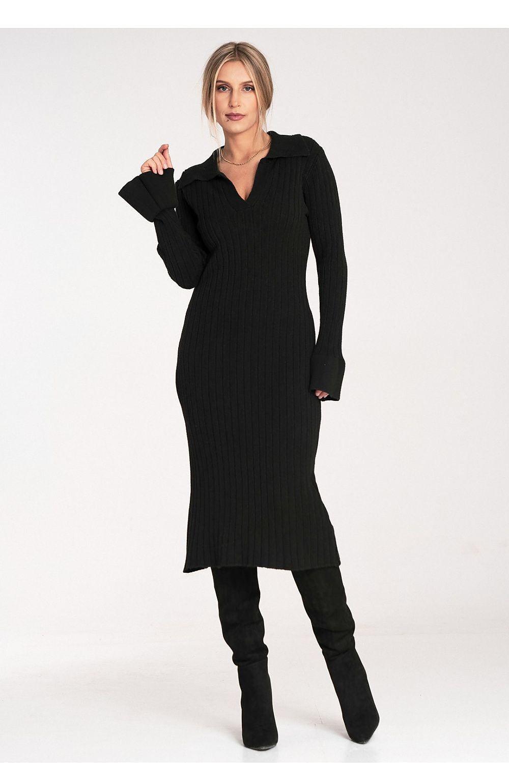 Black ribbed long-sleeve daydress with V-neck midi hem, fitted waist