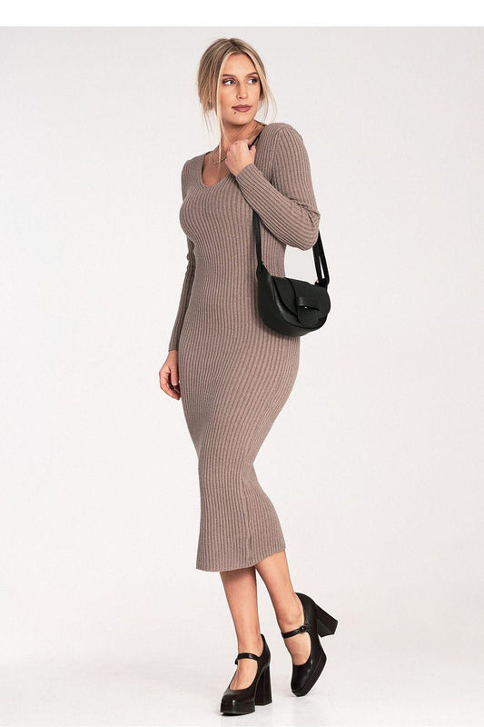 Beige ribbed knit day dress with scoop neckline, long sleeves, fitted midi length