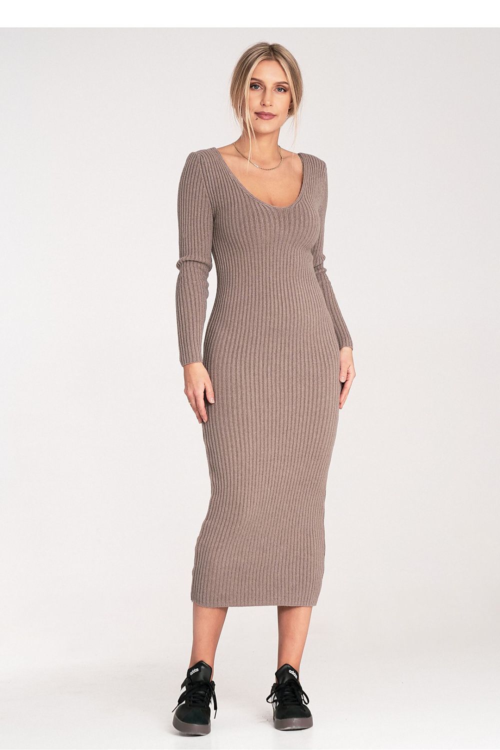 Beige ribbed knit day dress, long sleeves, scoop neck, slim midi fit