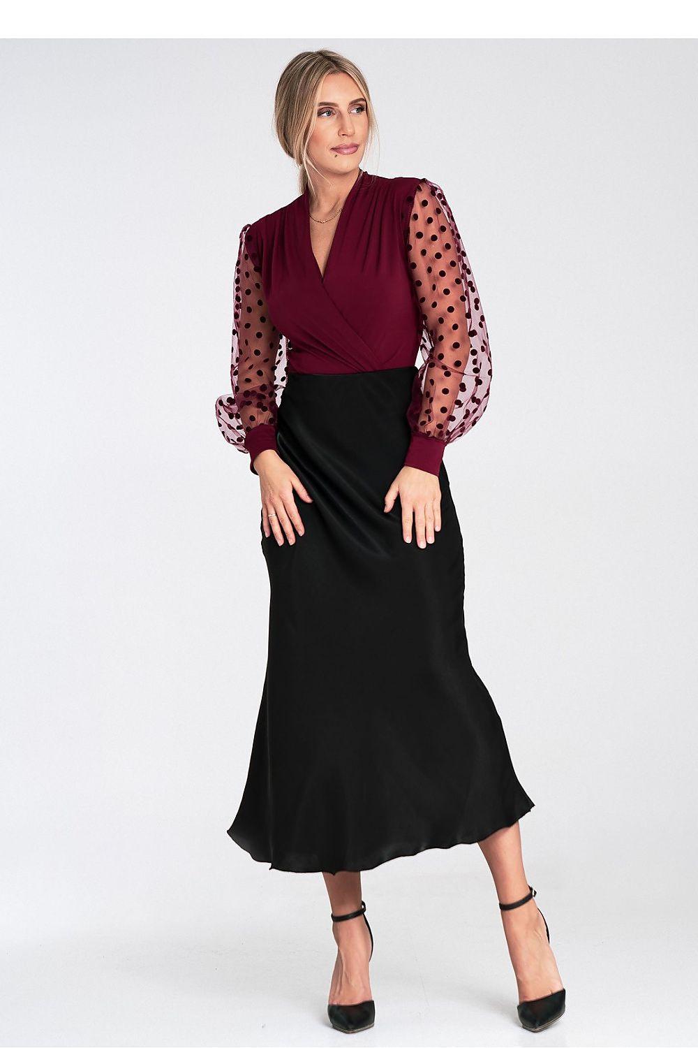 Shapewear body with burgundy draped neckline, sheer polka-dot sleeves, and black skirt