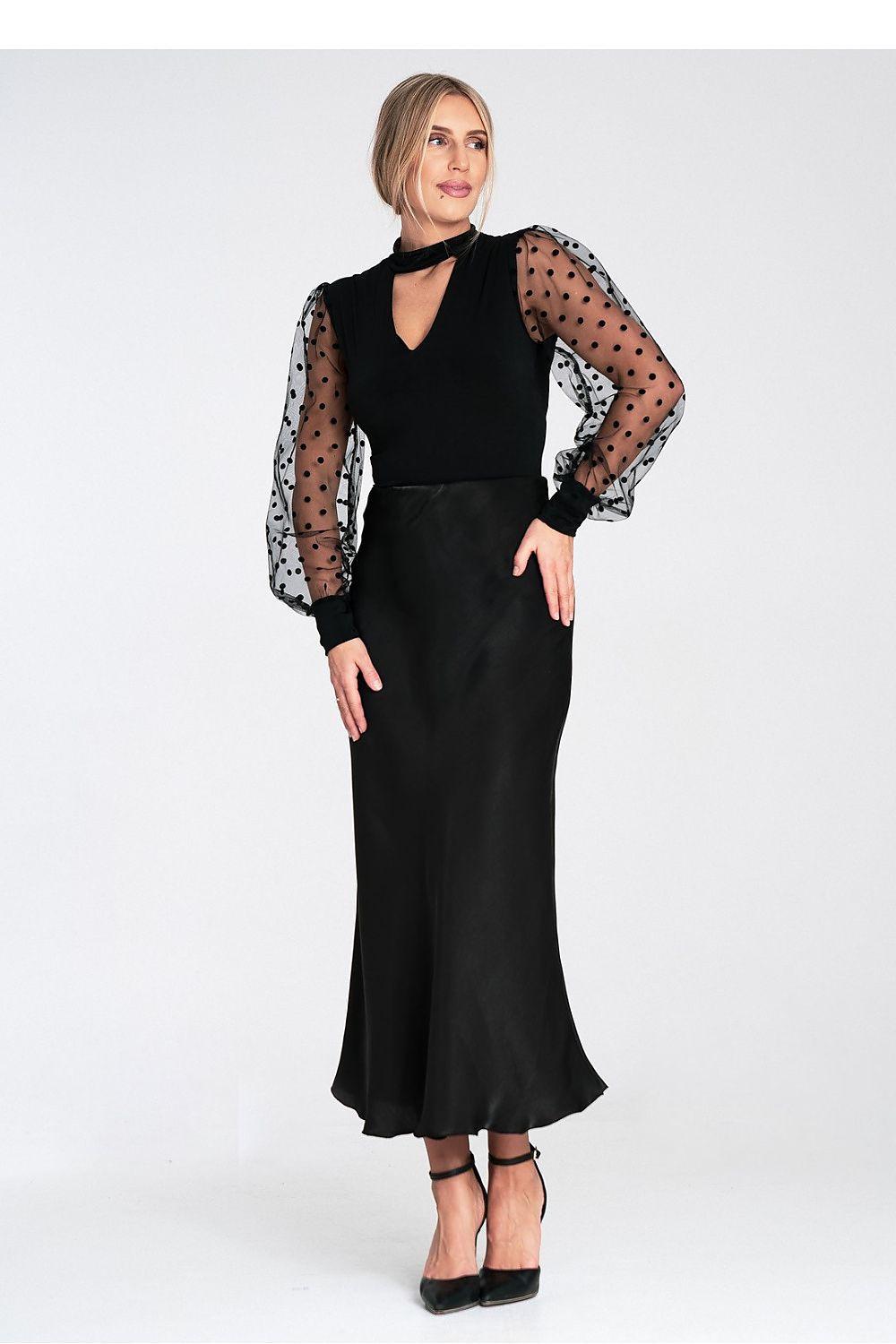 Black long-length shapewear bodysuit with sheer polka-dot sleeves and V-neck
