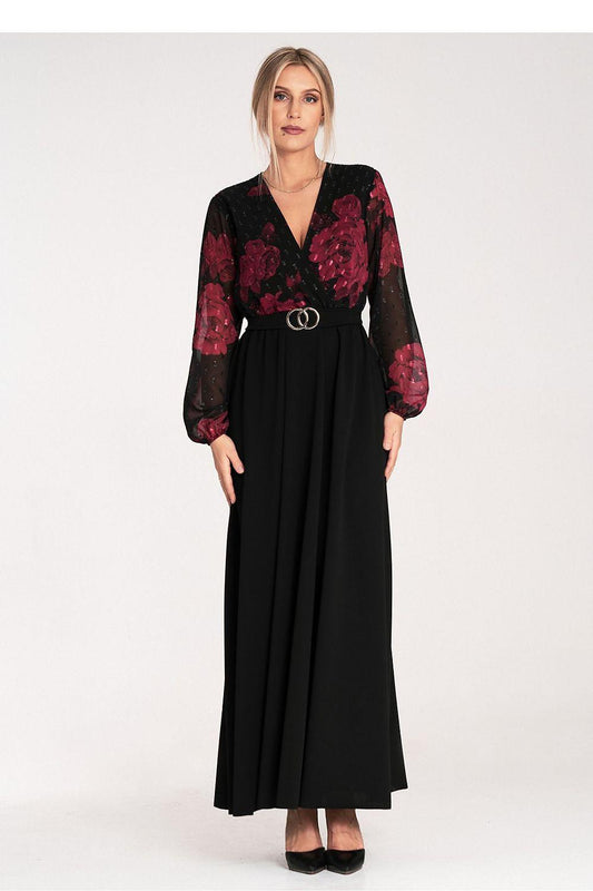 Black midi cocktail dress with V-neck, gathered waist belt, long sheer floral sleeves