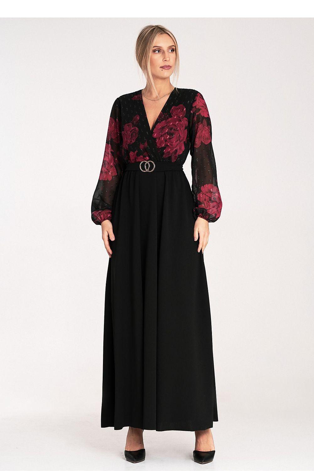 Black cocktail dress with red floral sheer sleeves, V-neck and ring waist belt